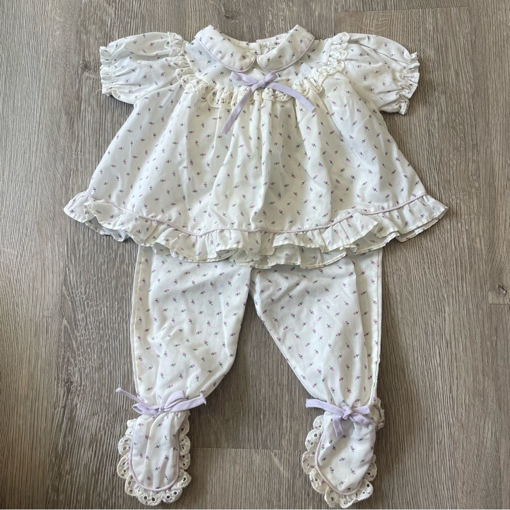 Vintage ALEXIS Ditsy Floral Eyelet Trim Top and Pants - Purple White Size 3 M